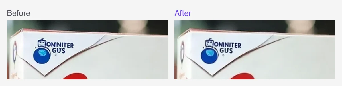 Close-up of an unselected cereal-box corner mark before and after editing