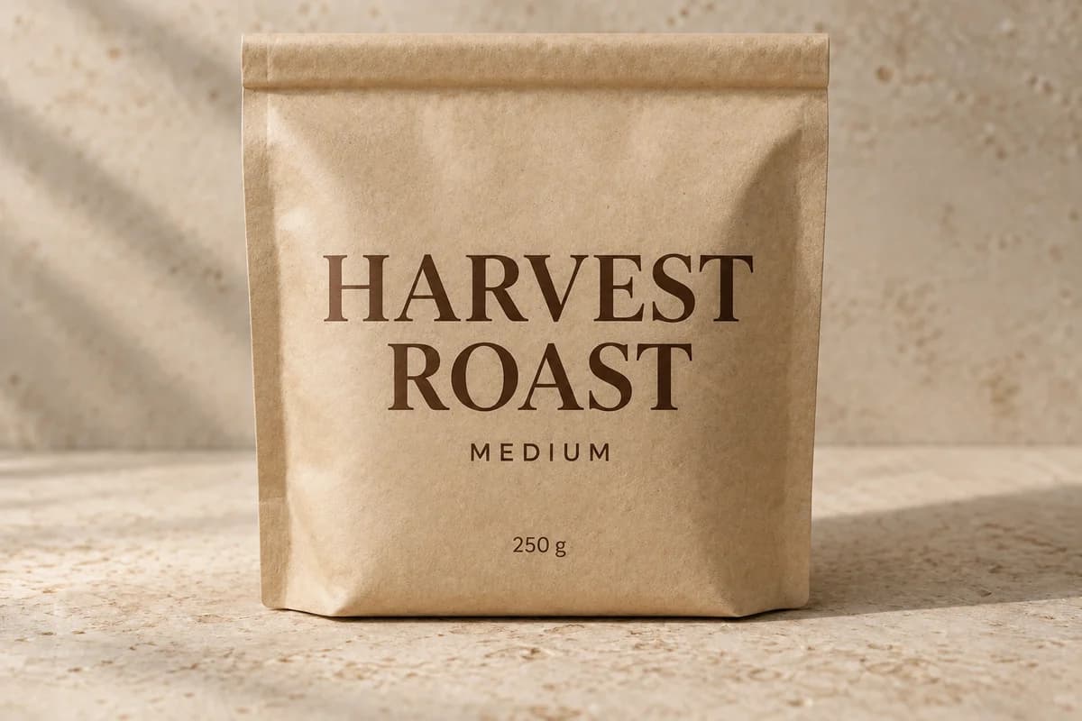 Kraft coffee pouch on a pale stone surface, printed HARVEST ROAST, MEDIUM, 250 g