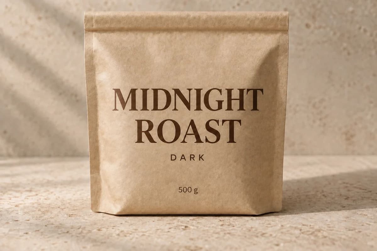 The same coffee pouch, now printed MIDNIGHT ROAST, DARK, 500 g, on the same stone surface