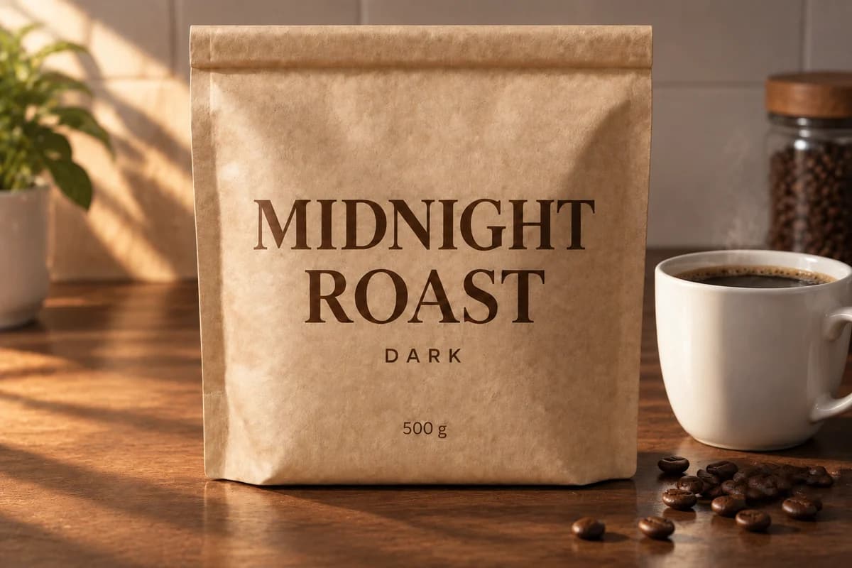 The same coffee pouch on a dark walnut counter in warm morning light, beside a cup of black coffee and scattered roasted beans