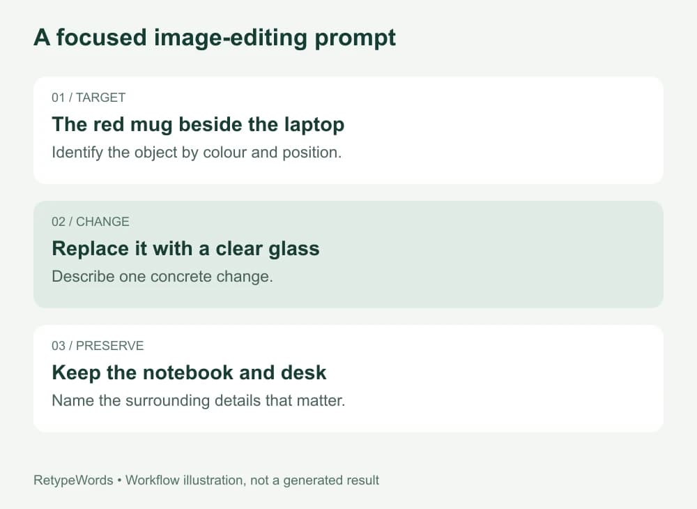 Image editing prompt diagram showing target identification, requested change and surrounding details to preserve