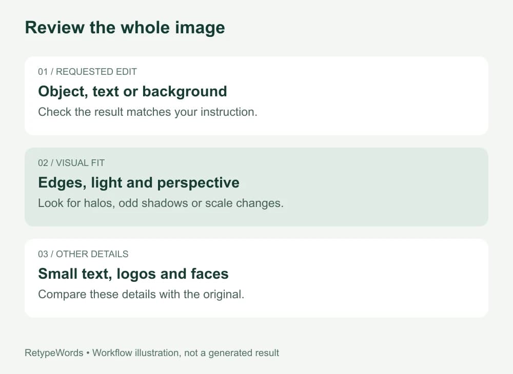 Full-image review checklist covering the requested edit, edges and lighting, and unrelated text, logos and faces