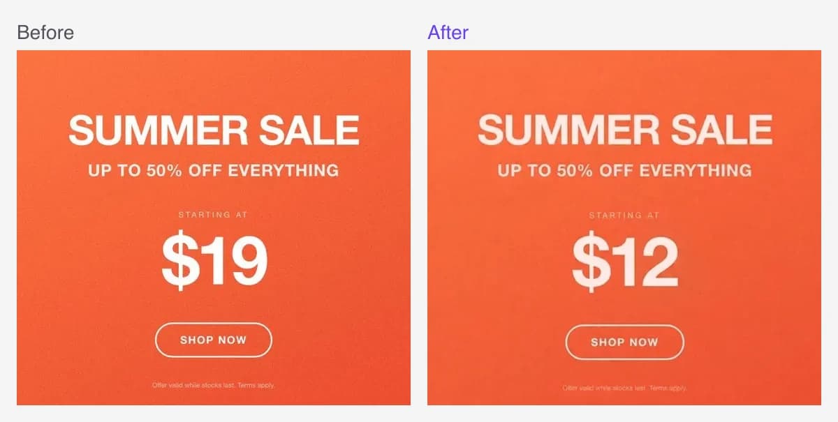 Sale graphic before and after the starting price changes from 19 dollars to 12 dollars