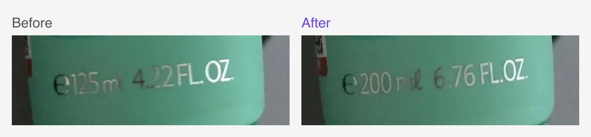 Cleanser capacity label before and after the requested update from 125 ml and 4.22 FL.OZ. to 200 ml and 6.76 FL.OZ.