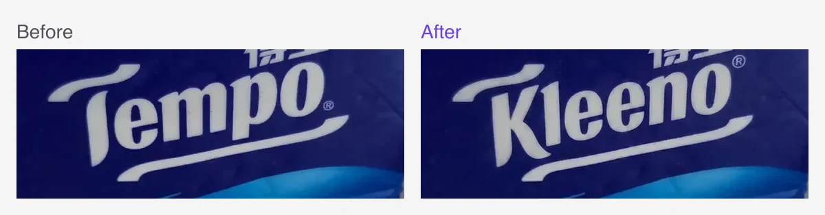 Close-up of the tissue-pack wordmark changing from Tempo to Kleeno