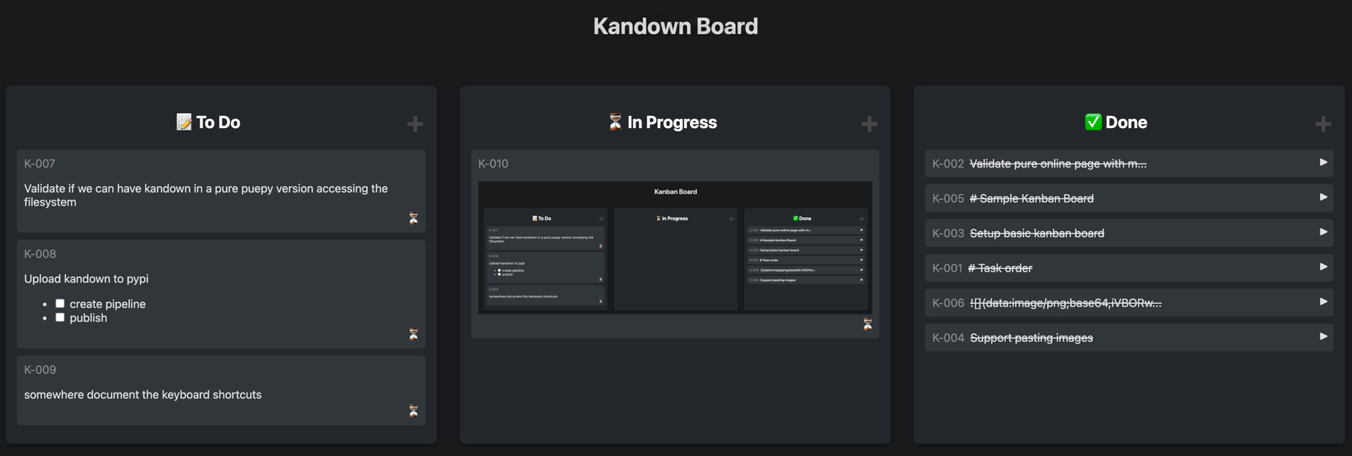 Kandown demo screenshot with the Kanban Board heading and three task columns